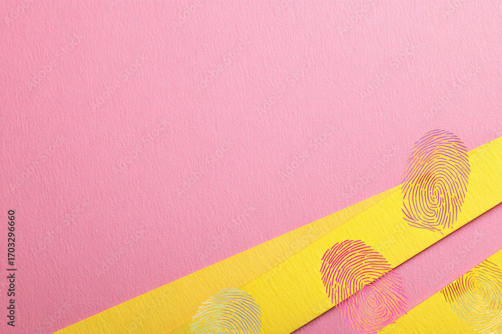 Poster yellow paper strips with colorful fingerprint patterns on textured pink background, creating clean m