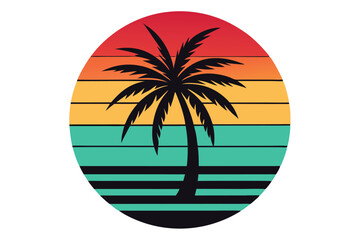 Single dark palm tree silhouette stands against round retro colored stripes