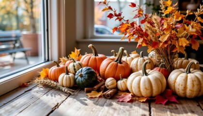 Autumn harvest display cozy indoor setting vibrant pumpkins and leaves natural light seasonal elegance