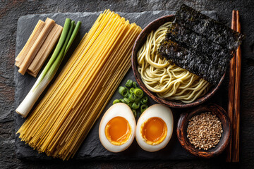 Ramen ingredients with noodles, eggs and seaweed