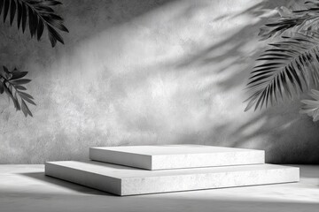 Empty white stone podiums, tropical shadows