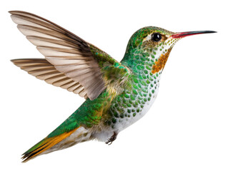Obraz premium Green hummingbird, iridescent feather, small bird, flying, isolated, transparency background