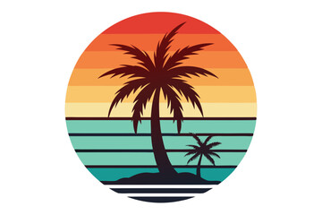 Tropical silhouettes reveal two palm trees set against colorful retro sunset stripes