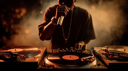 ターンテーブル越しにマイクを握るラッパー