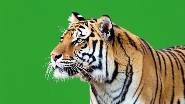 Close up portrait of a tiger with black stripes against a solid bright green colored background animal green screen video
