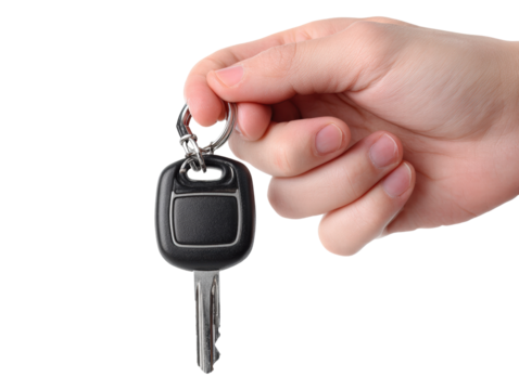 Hand holding car key, close up, isolated transparency background, transportation, security