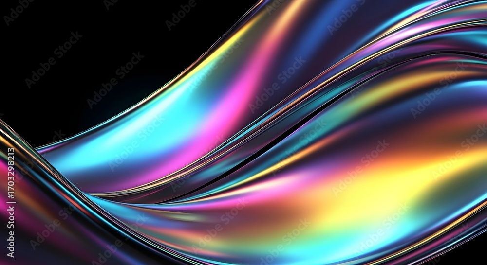 Poster captivating holographic waves shimmer with vibrant, iridescent colors against a dark background, cre