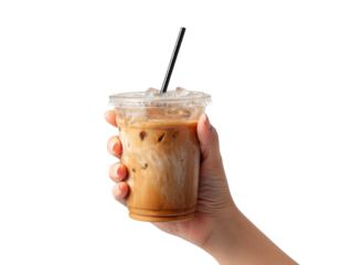 Iced coffee, plastic cup, hand, straw, refreshing beverage with ice and creamy swirl