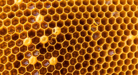 Close up view reveals a honeycomb structure filled with raw honey and hexagonal wax cells in a natural golden hue