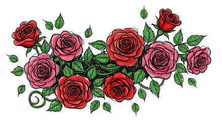 A vibrant illustration of several roses in shades of red and pink, with green leaves.