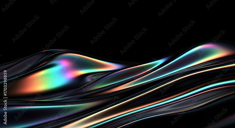 Poster mesmerizing iridescent fluid waves shimmer with vibrant rainbow light against a deep black backgroun