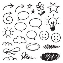 A Whimsical Doodle Collection Featuring Hand Drawn Arrows Stars Speech Bubbles a Radiant Sun and Delightful Smiley Faces all in Black and White with a Playful Aesthetic