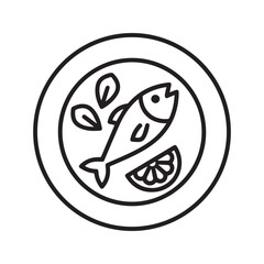 Cooked fish dish icon with lemon and salad on a plate. Seafood meal line art vector illustration for restaurant menu or healthy diet concept.
