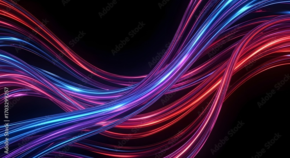 Aufkleber dynamic abstract flowing neon light streaks in vibrant red and blue against a deep black background 