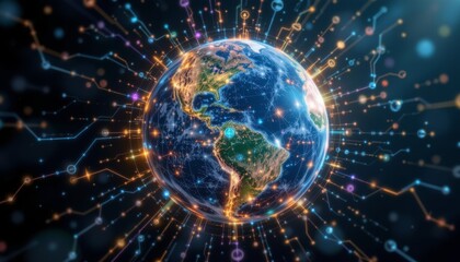 Obraz premium Innovative renewable energy solutions transforming earth global digital artwork futuristic aerial view sustainability