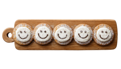 Smiling cookies arranged on a wooden board.  Decorated with icing and sprinkles