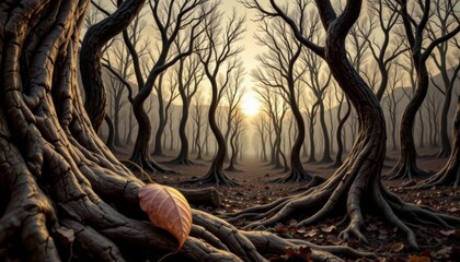 Eerie nightmare forest awakens at dusk surreal landscape haunting environment atmospheric viewpoint
