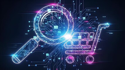 Digital Shopping: A futuristic digital artwork showcases an innovative shopping cart seamlessly integrated with a magnifying glass, highlighting the ease of online commerce.
