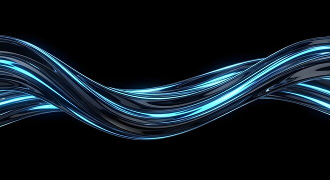Sleek, flowing metallic ribbons with vibrant blue light illumination create a dynamic abstract background perfect for technology and innovation themes. - Powered by Adobe