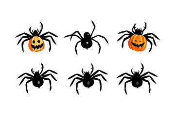 Halloween spiders with pumpkin heads vector set