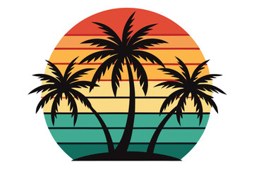 Silhouette palm trees stand proudly against a vibrant retro sunset, creating a tropical atmosphere, transparent background
