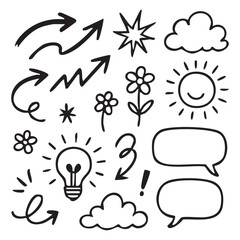 Playful Doodle Collection Hand-Drawn Artistic Elements Featuring Arrows, Stars, Flowers, Clouds, Light Bulbs, Speech Bubbles, and More Whimsical Designs Ideal for Adding a Touch of Creativity.