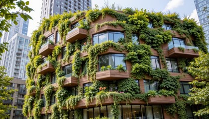 Obraz premium Explore innovative smart ecobuilding with vertical gardens in urban cityscape - sustainable architecture at eye-level view