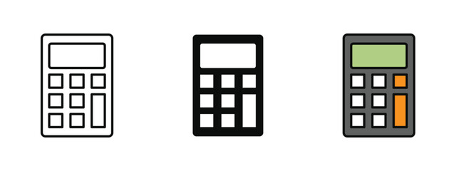 Calculator icon designed in line art, fill, and colored outline styles with a white background. Useful for mathematics, finance, accounting, and office tasks.