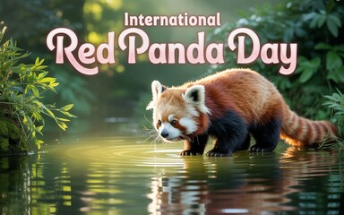 Red panda drinks water, lush greenery celebrates International Red Panda Day.