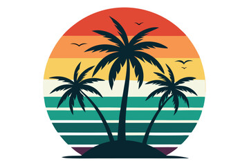 Palm trees silhouette against a sunset, colored stripes and flying birds create a tropical ambiance