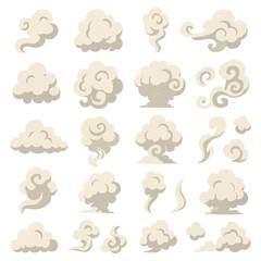 Smoke and cloud icons set, isolated background. Cartoon style clouds and vapor decorative elements