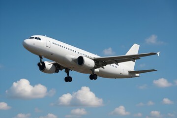 Landing in the Clouds: A large, modern passenger jet with its landing gear down is captured mid-flight against a clear blue sky dotted with puffy white clouds, suggesting an imminent landing. 