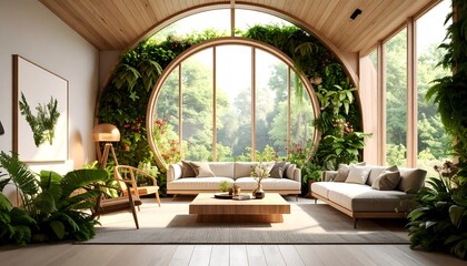 Obraz premium Modern, bright living room with a circular, lush green wall