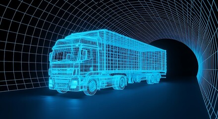 Digital Wireframe Truck in Tunnel.