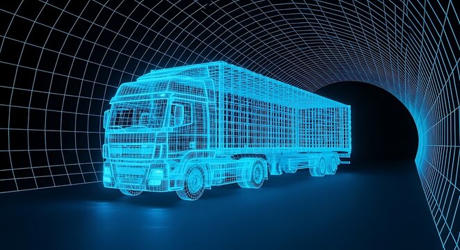 Digital Wireframe Truck in Tunnel.