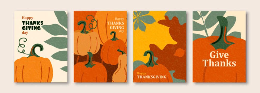 Thanksgiving vector posters set background with autumn leaves, pumpkins. American holiday greeting colorful cards with textured effect