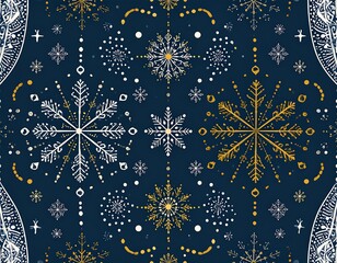 Gold and white snowflakes on navy blue background