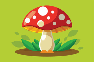 Bright red mushroom with white spots stands elegantly among green leaves on a green background