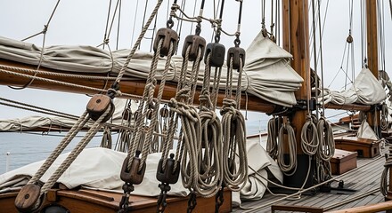 Detailed view of a classic sailing ships rigging and ropes.