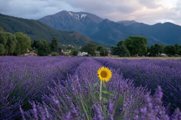Single sunflower amidst a vibrant lavender field, mountains in the background