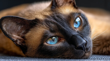 Obraz premium A close up of a siamese cat with striking blue eyes resting peacefully on a surface