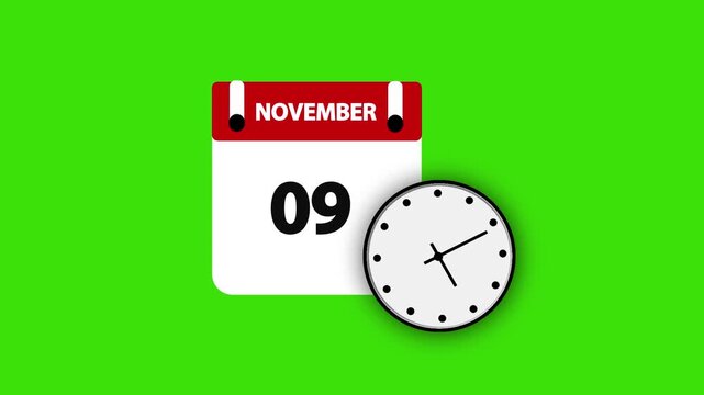 November month 9 date calendar icon  animation with clock  on transparent background. Calendar icon 9 November HD animation. November month 9 calendar date black screen.