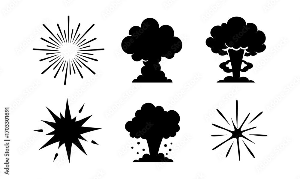 Poster bold explosion and burst silhouettes set for dynamic design elements