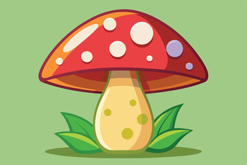 Cartoon mushroom displays a vibrant red cap with white and violet spots near green leaves
