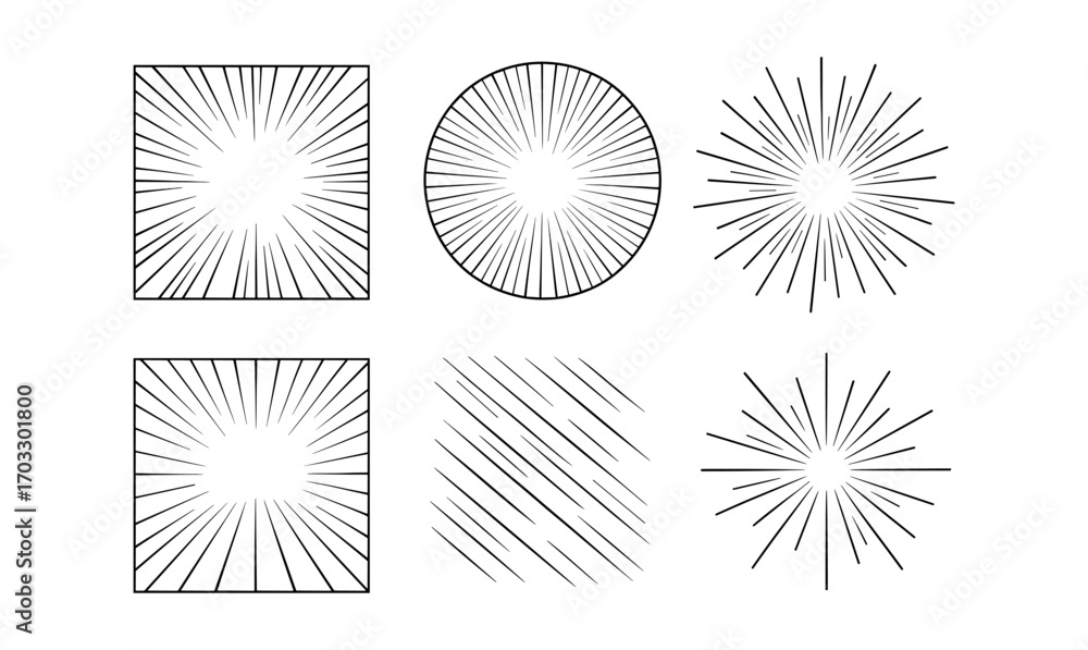 Poster set of geometric sunburst patterns with lines and rays in black and white
