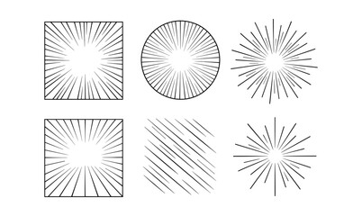Fototapeta premium Set of geometric sunburst patterns with lines and rays in black and white