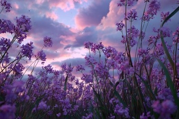 Lush purple flowers rise towards a vibrant sunset sky