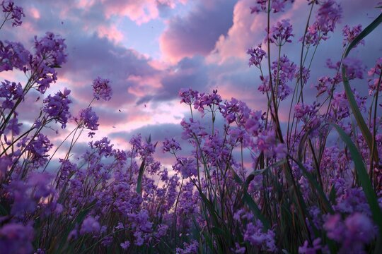Fototapeta Lush purple flowers rise towards a vibrant sunset sky