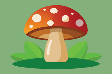 Red cap mushroom with white spots grows on green field vegetation
