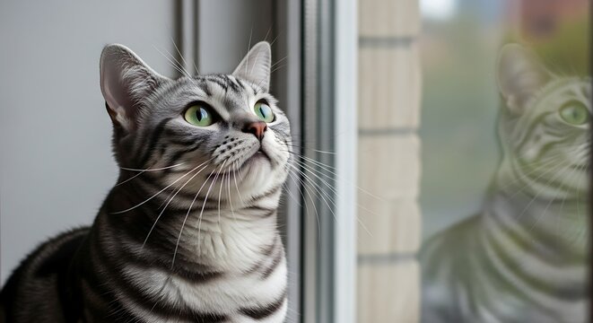 Gray and white tabby cat looking up at window.